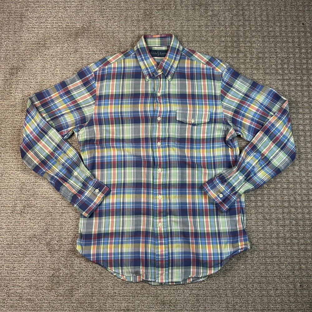 Ralph Lauren Mens Multicolor Plaid Button Down Shirt Medium Long Sleeve Flap Pkt
